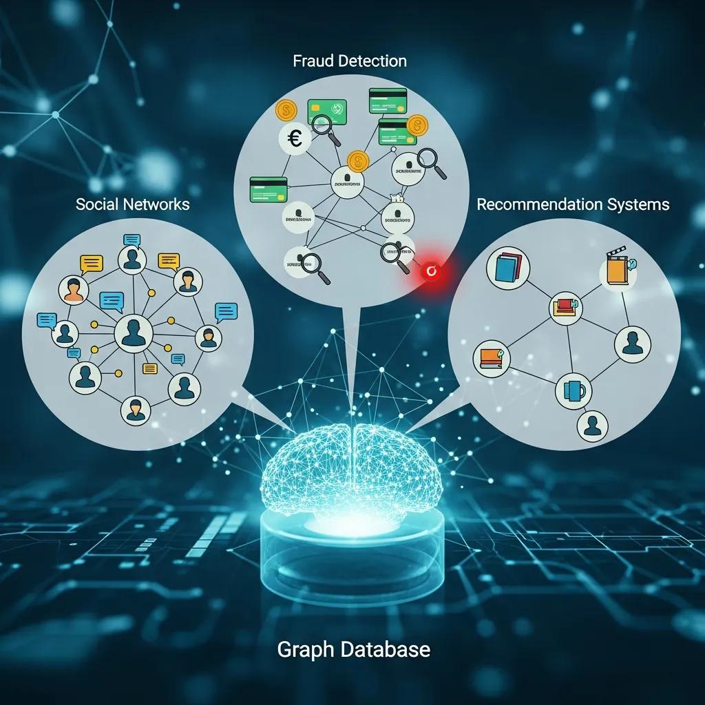 Visual representation of key use cases for graph databases including social networks and fraud detection