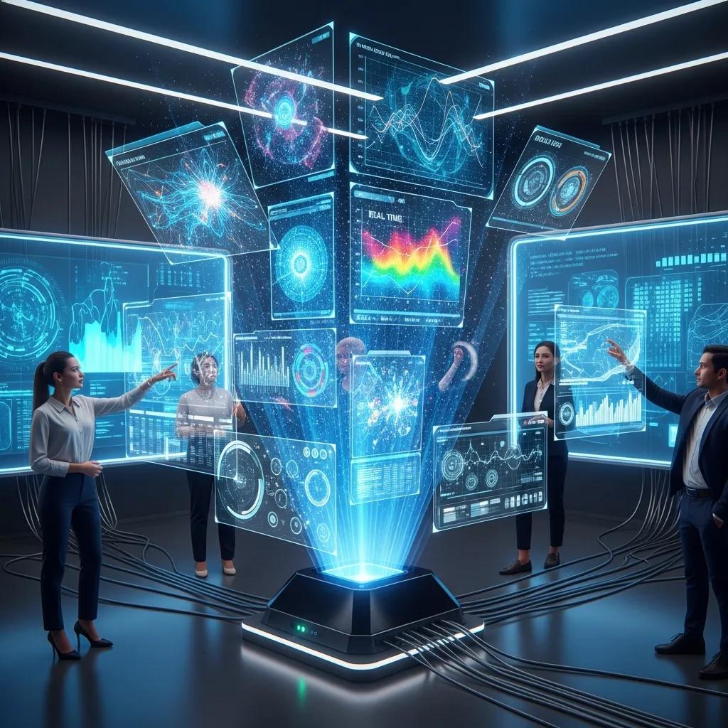 Futuristic AI technology displaying holographic data visualizations for business intelligence