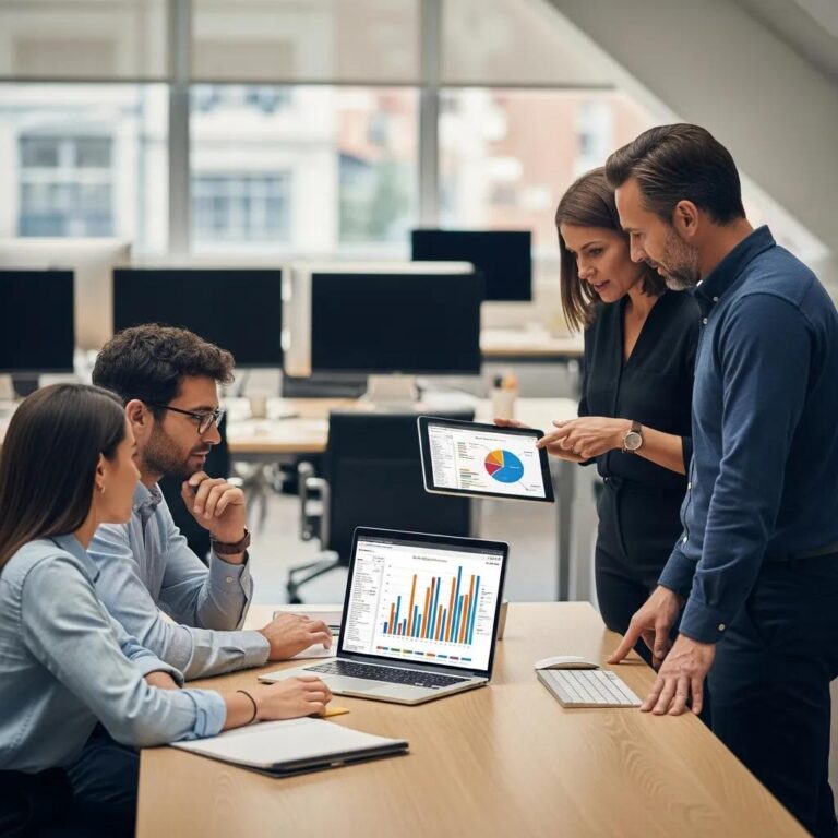 Professionals collaborating in a modern office using advanced data visualization tools