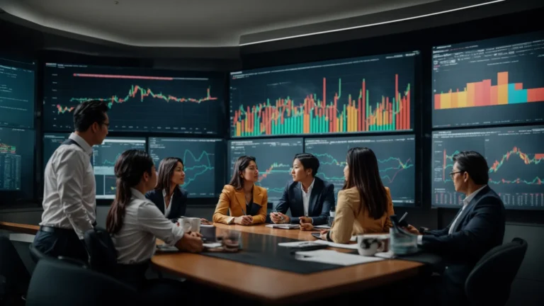 a business team gathered around a large, digital screen displaying colorful graphs and charts, engaged in discussion.
