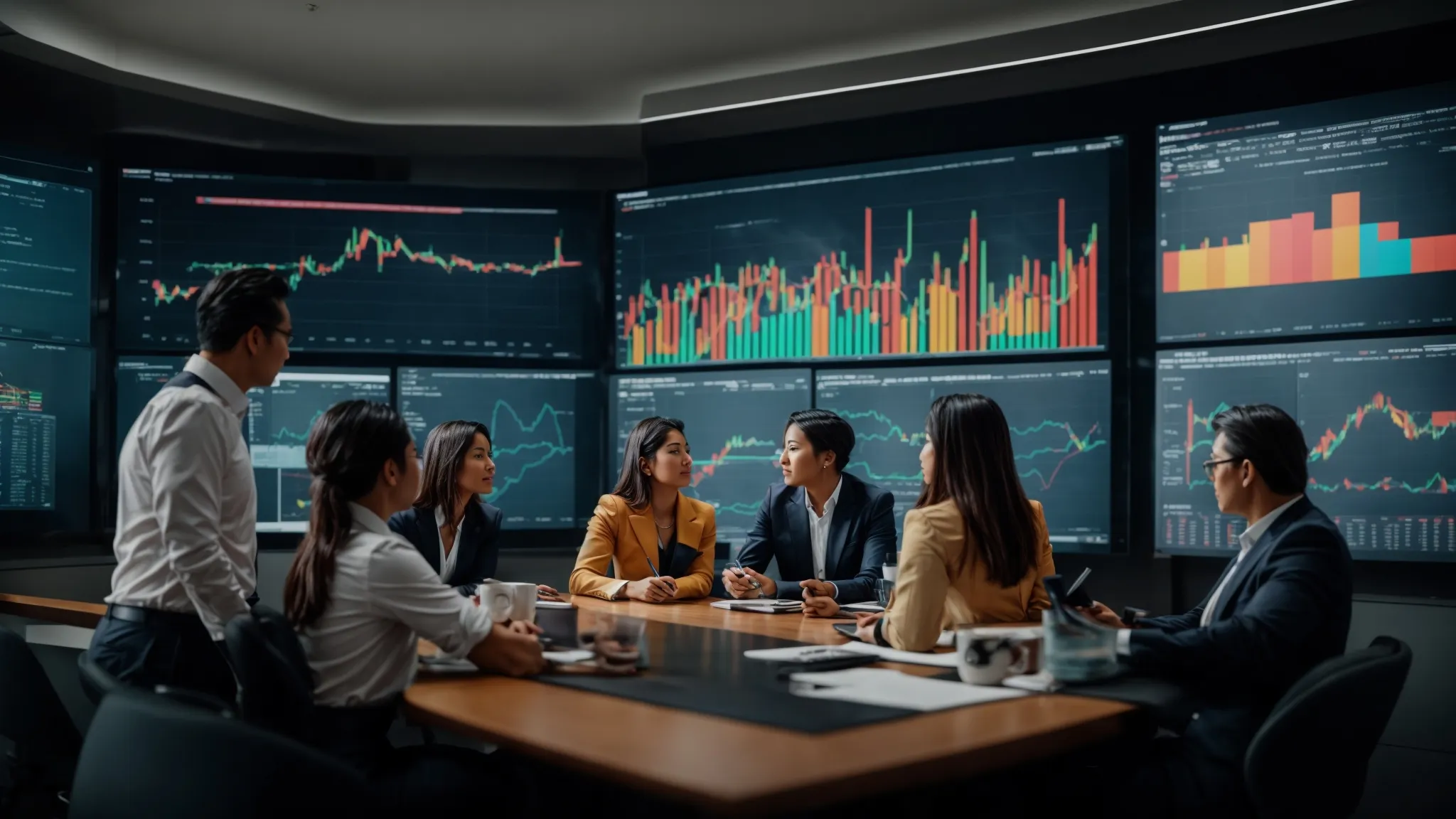 a business team gathered around a large, digital screen displaying colorful graphs and charts, engaged in discussion.