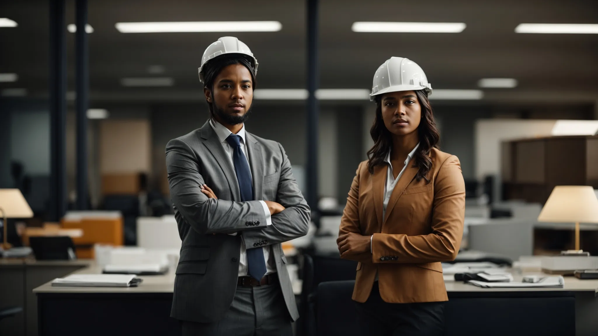 two business professionals stand confidently in an office, a protective helmet on the table between them, symbolizing workplace safety and insurance matters.